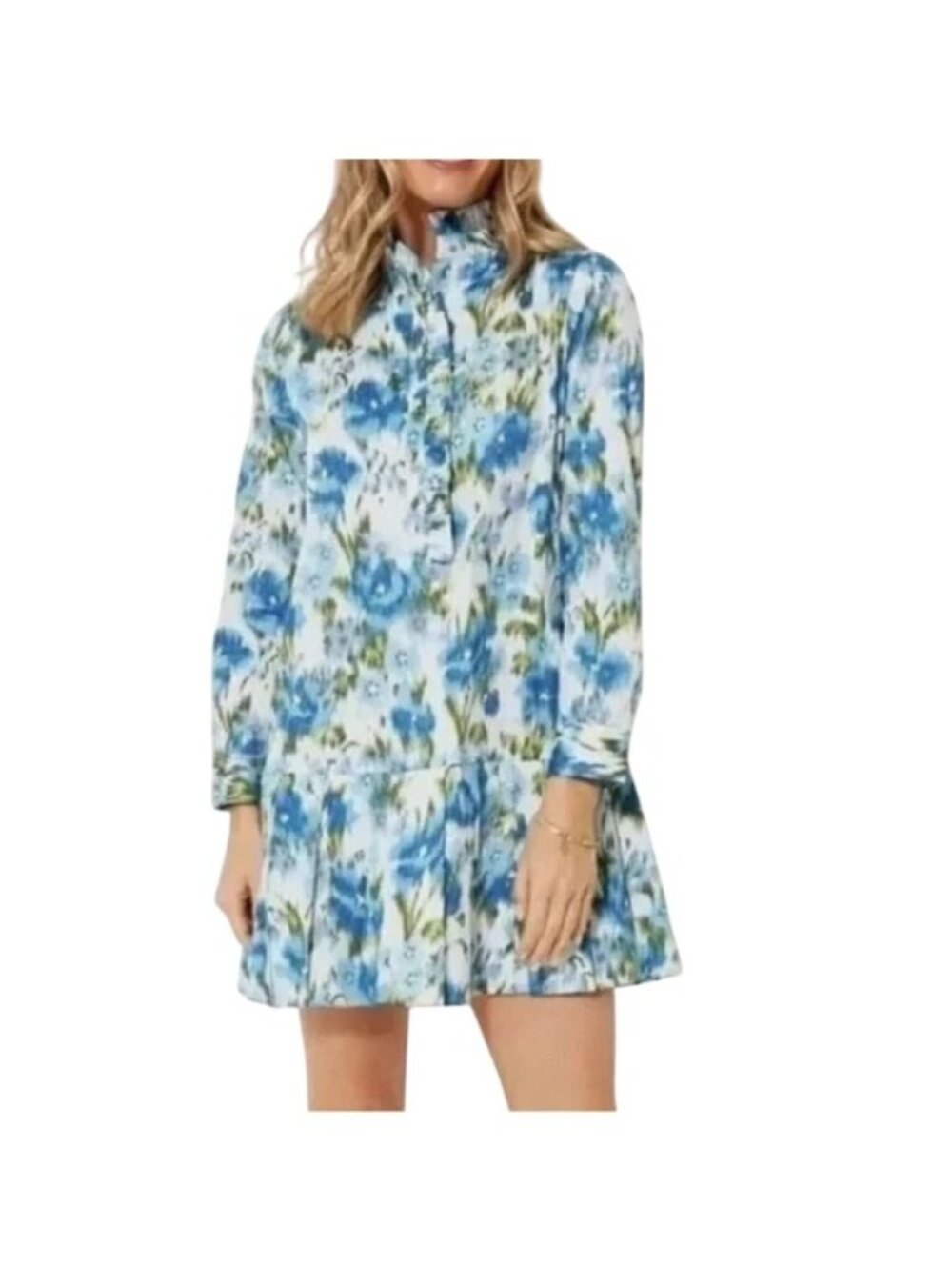 Tuckernuck Tate Ruffle Hem Blue Floral Long Sleeve Dress Womens Medium NEW